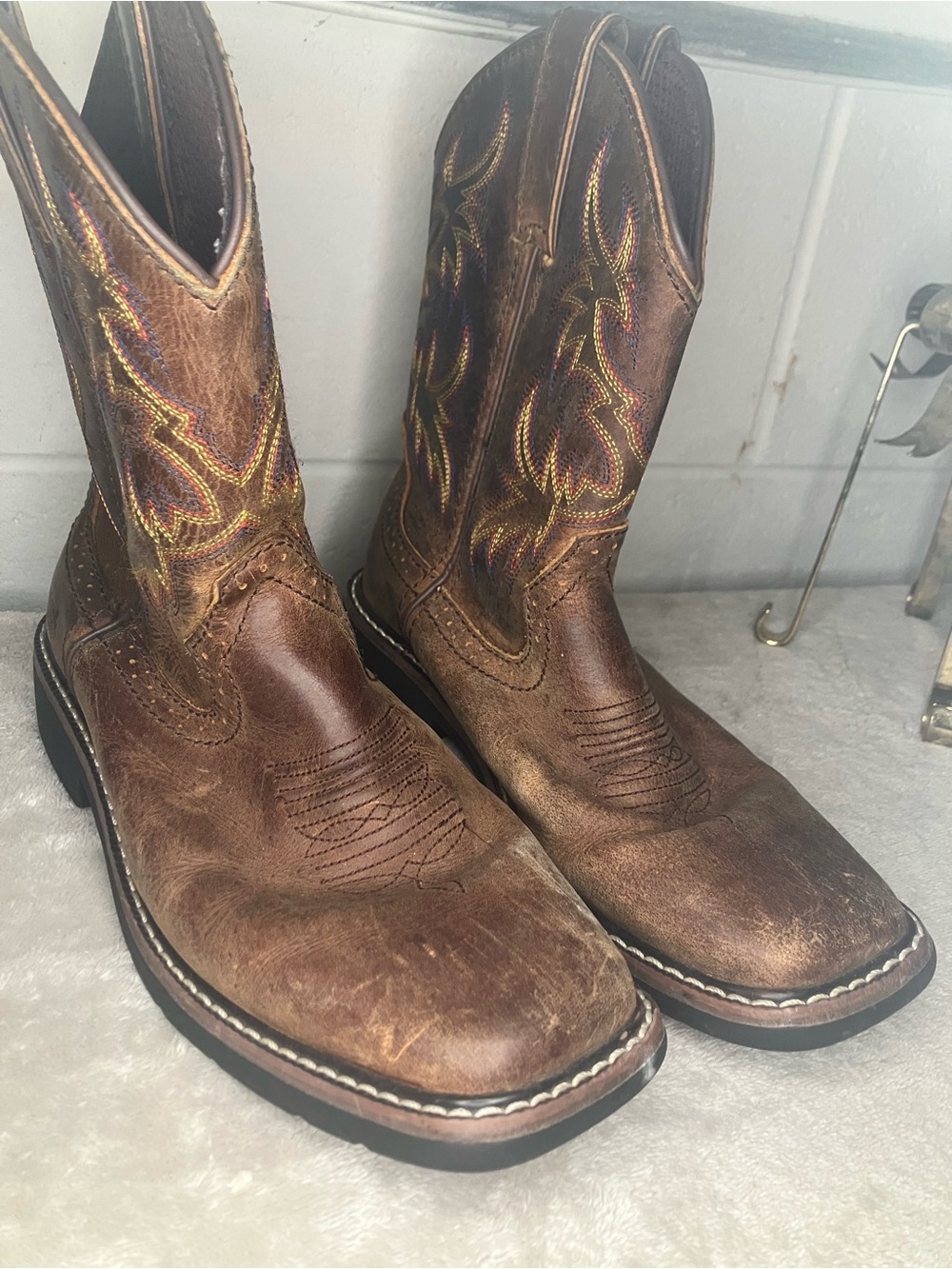 Justin Boots Brown Youth Western Boots with Multicolor Stitching